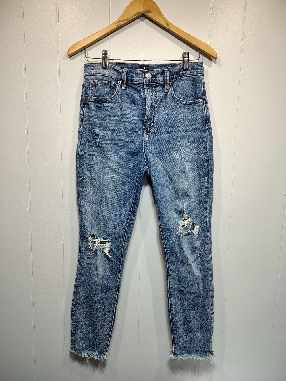 GAP Denim Distressed Skinny Jeans Size 6/28 High Rise Raw Hem Cropped Stretch